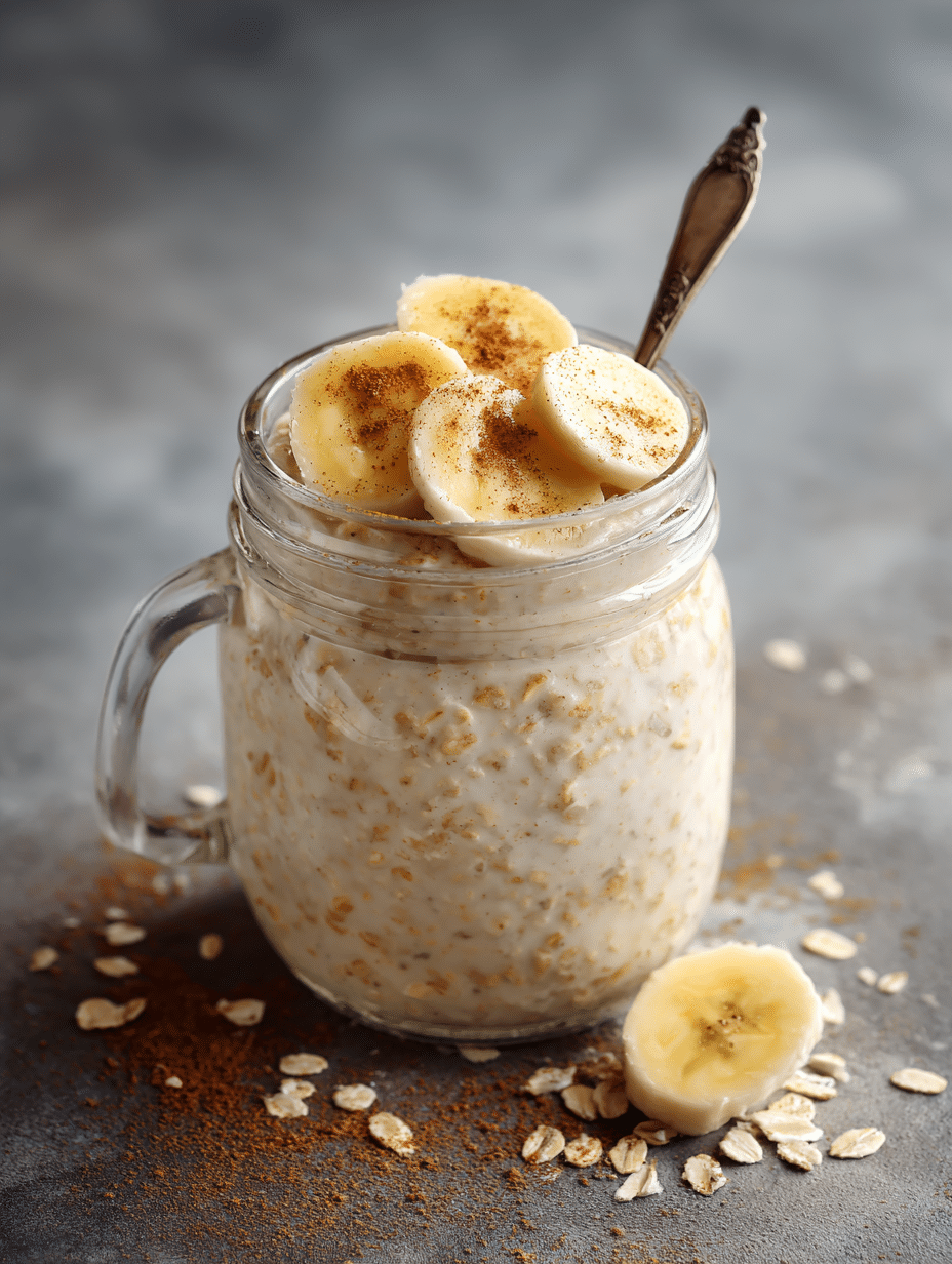 Banana Overnight Oats Recipe Banana overnight oats recipe in mason jar topped with banana slices