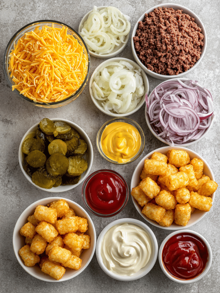 Ingredients for Big Mac casserole recipe laid out in bowls