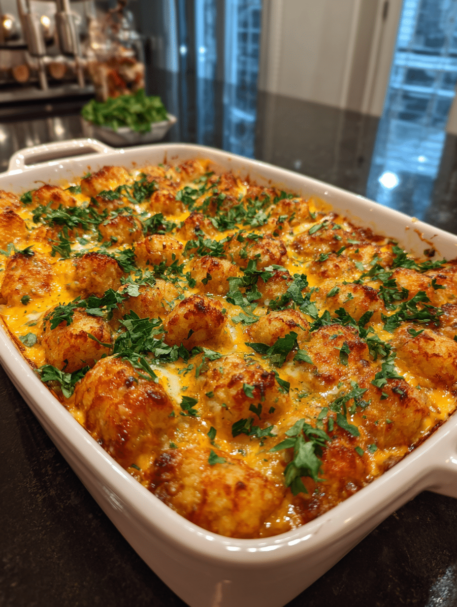Big Mac casserole recipe with tater tots in a white baking dish on a rustic table