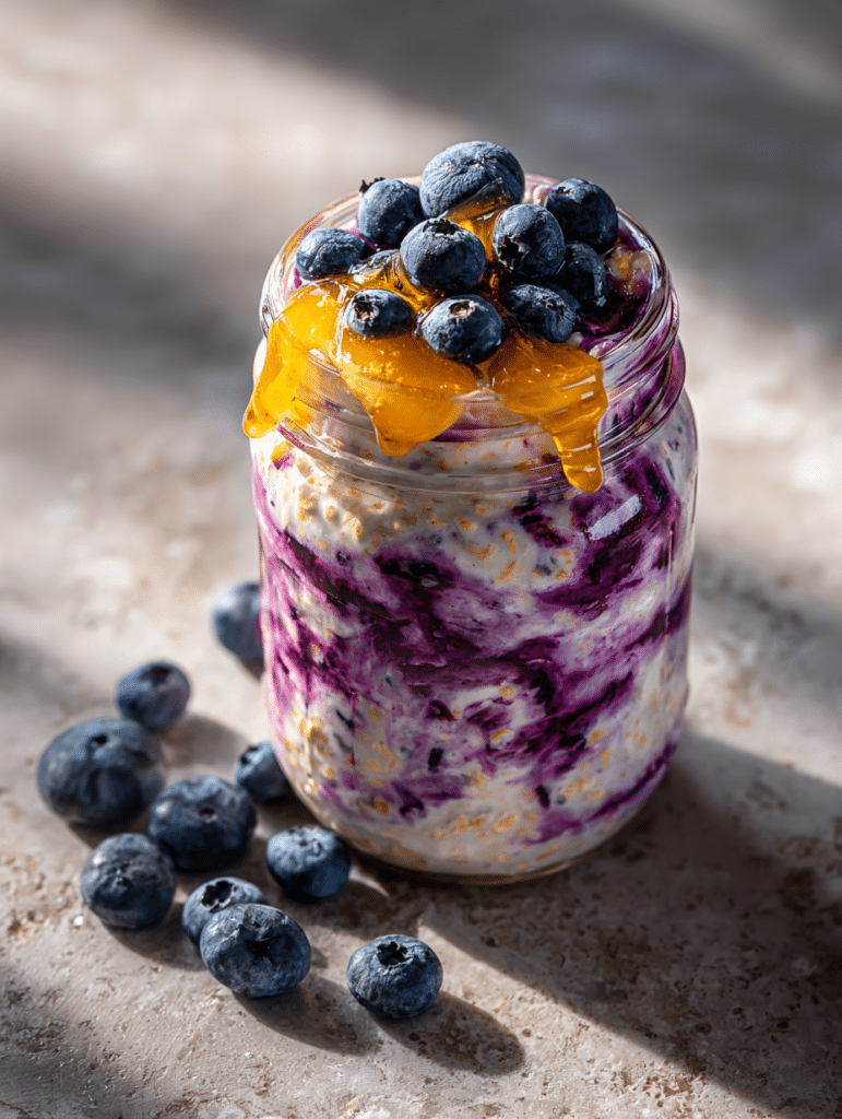 Blueberry overnight oats in mason jar with fresh blueberries