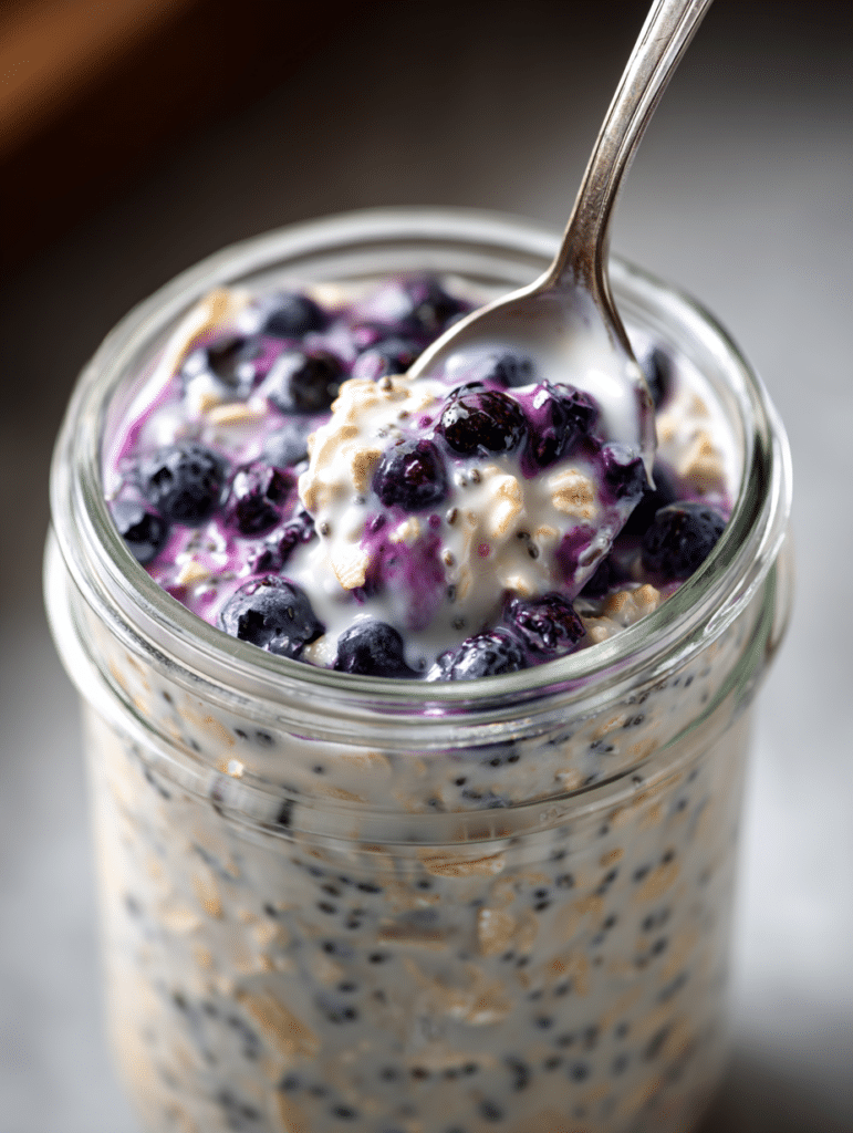 Blueberry overnight oats mixture being stirred before chilling