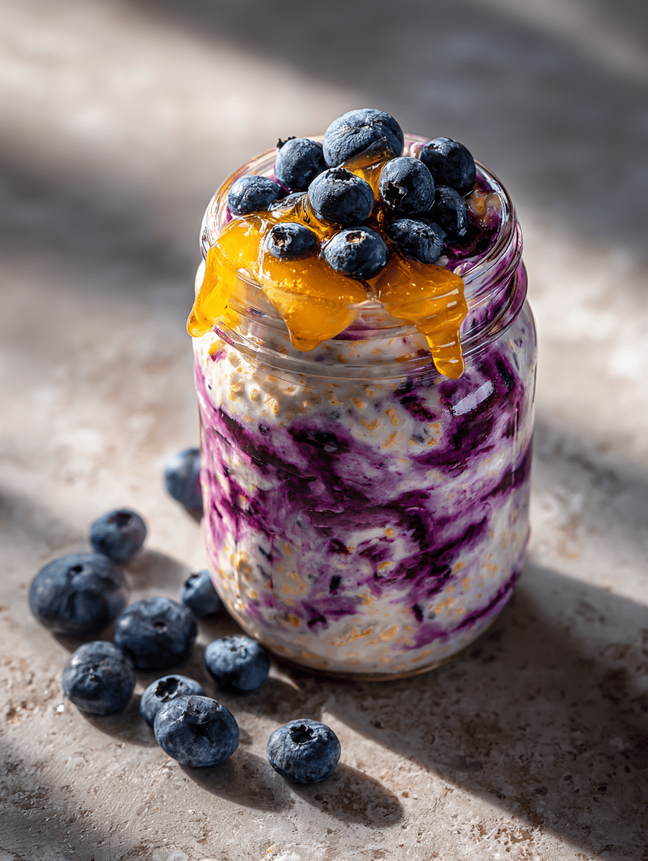 Blueberry overnight oats in mason jar with fresh blueberries