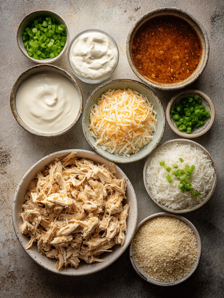 Buffalo Chicken Casserole Recipe Ingredients for buffalo chicken casserole laid out on a kitchen counter