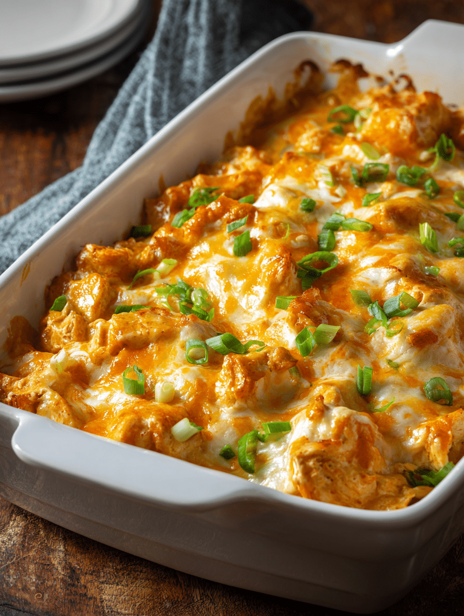 Buffalo Chicken Casserole Recipe Buffalo chicken casserole fresh from the oven with golden cheese topping