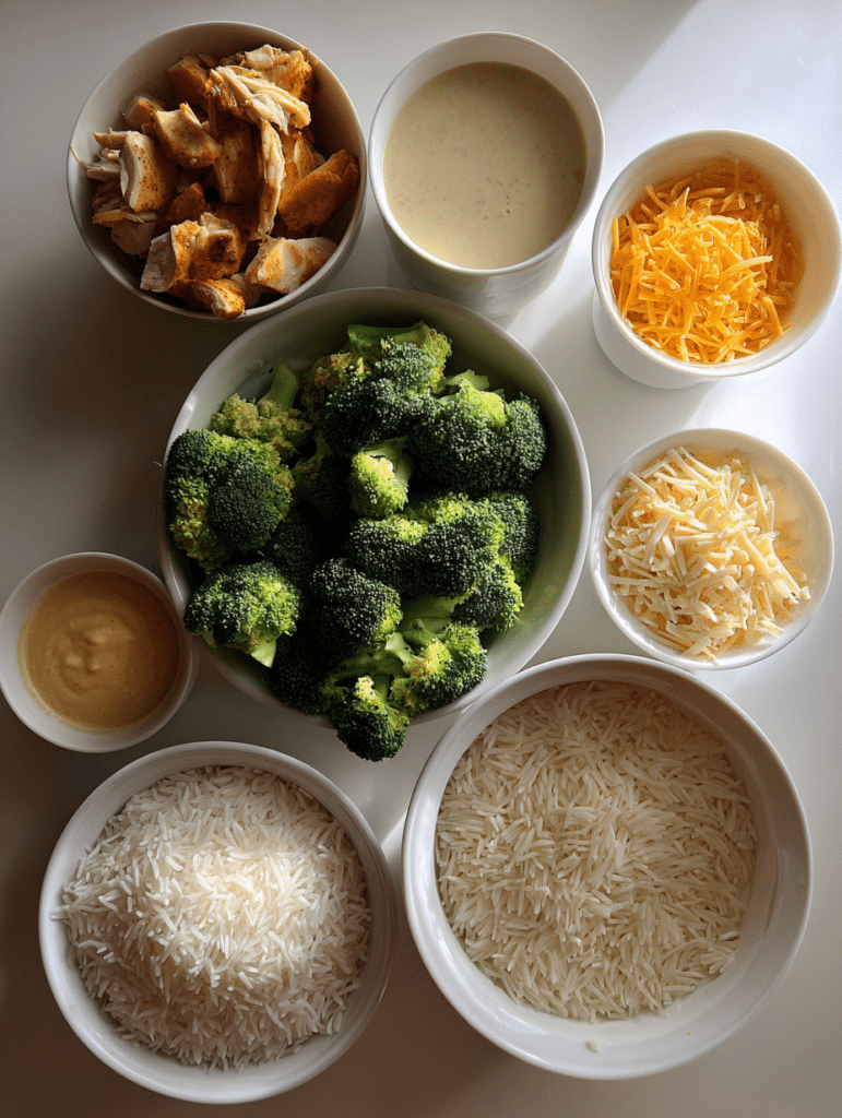 Chicken Broccoli Rice Cheese Casserole ingredients for chicken broccoli rice cheese casserole laid out on a table