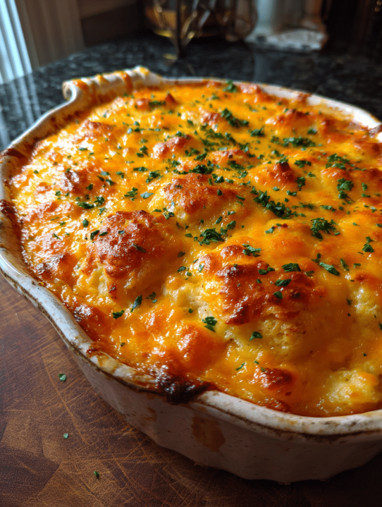 Cheddar bay biscuit casserole in baking dish with melted cheese