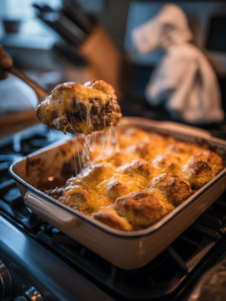 Cheddar Bay Biscuit Casserole Fully baked cheddar bay biscuit casserole being removed from oven