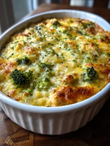 Cheesy chicken broccoli rice casserole freshly baked in oven