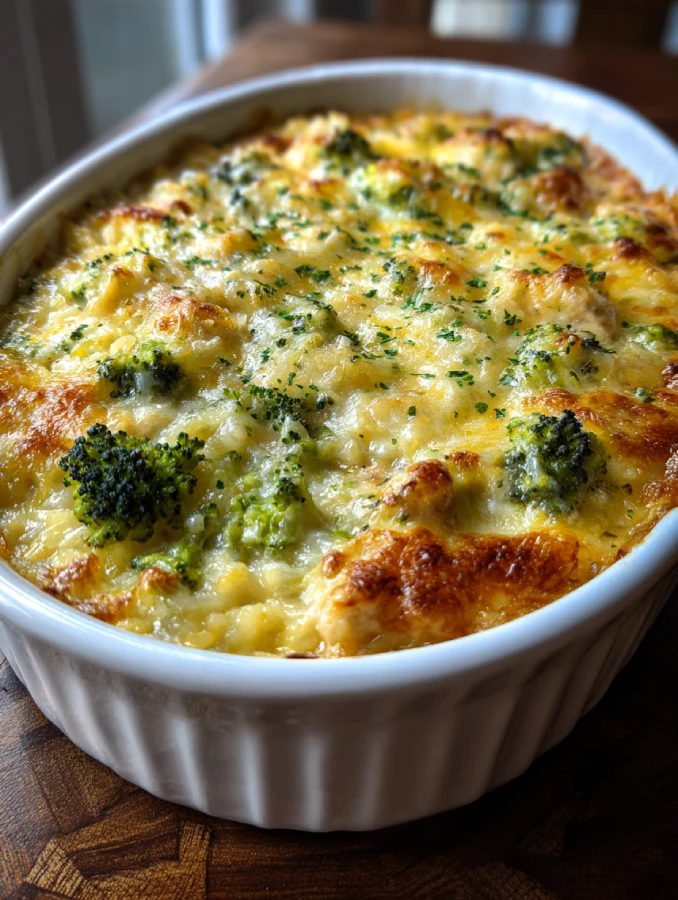 Cheesy chicken broccoli rice casserole freshly baked in oven
