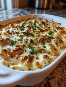 Golden baked chicken Alfredo casserole in white ceramic dish