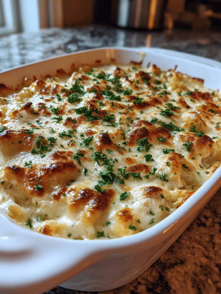 Golden baked chicken Alfredo casserole in white ceramic dish