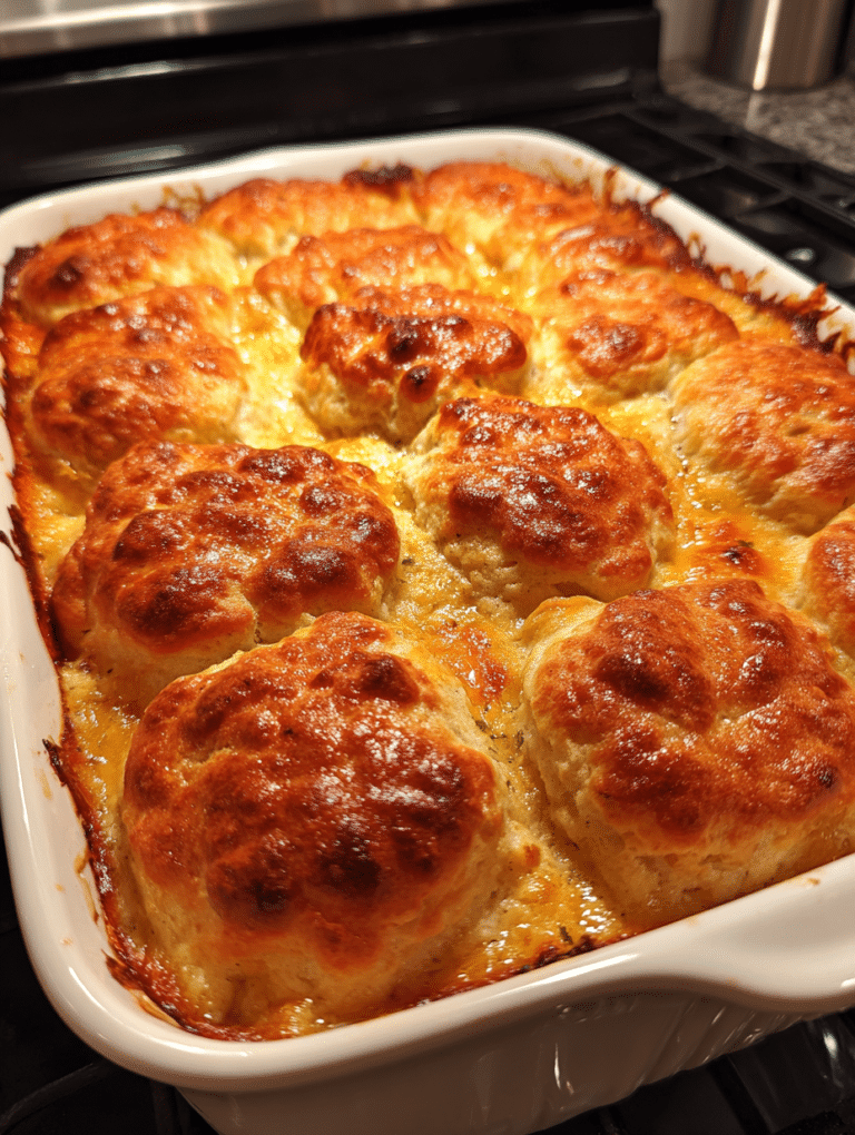 Chicken biscuit casserole in white baking dish