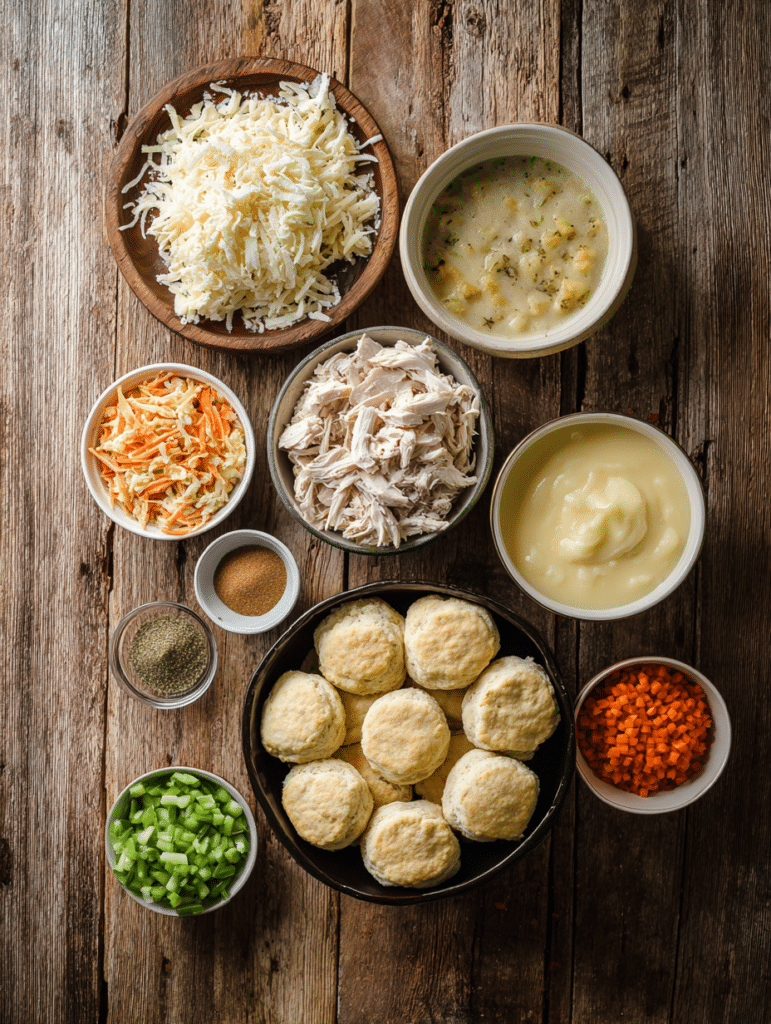 Chicken biscuit casserole ingredients on table