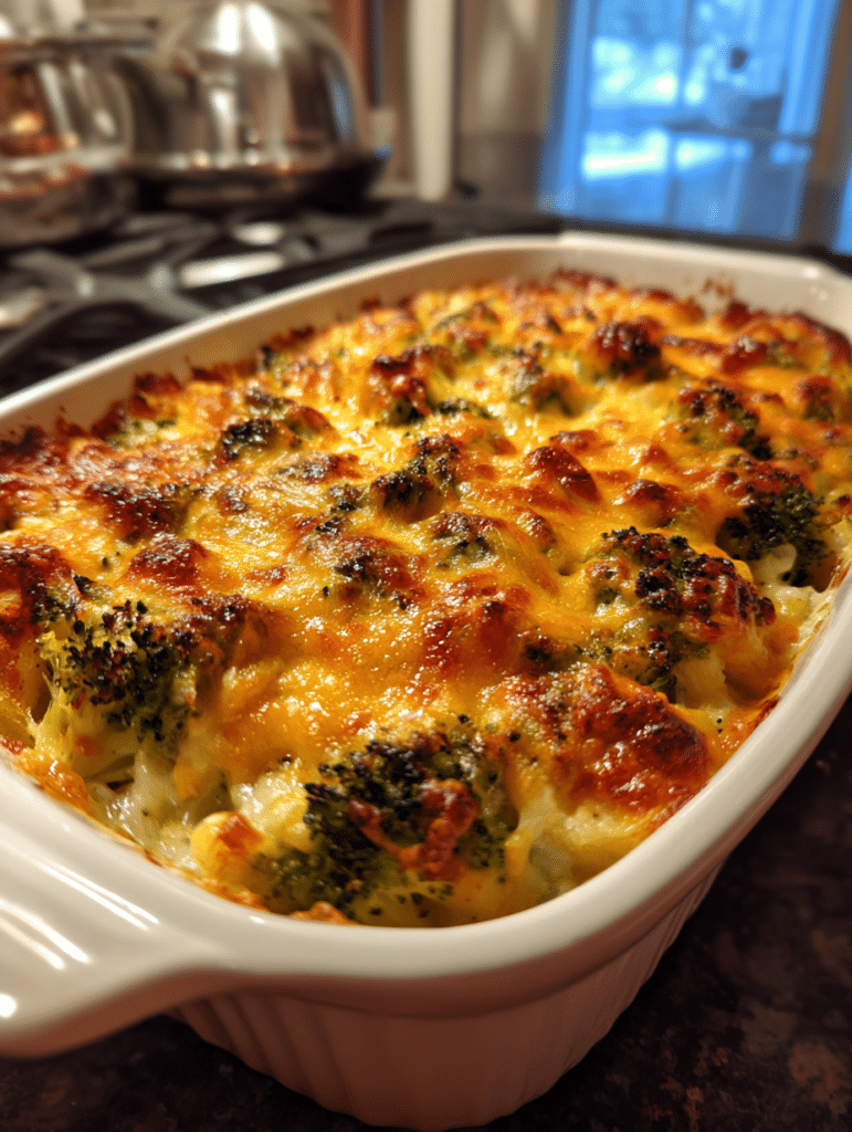 Chicken Broccoli Casserole Recipe Chicken broccoli casserole in baking dish with melted cheese