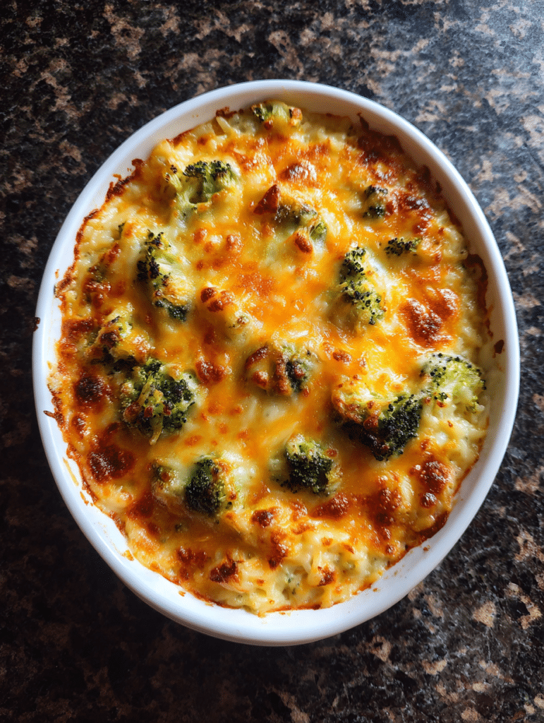 Chicken Broccoli Rice Cheese Casserole chicken broccoli rice cheese casserole in a white baking dish