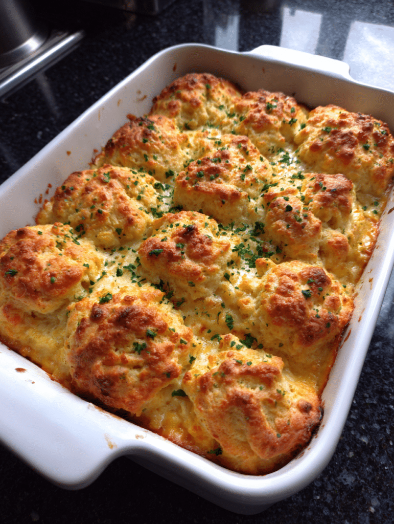 Chicken cobbler casserole with golden biscuit topping in white dish
