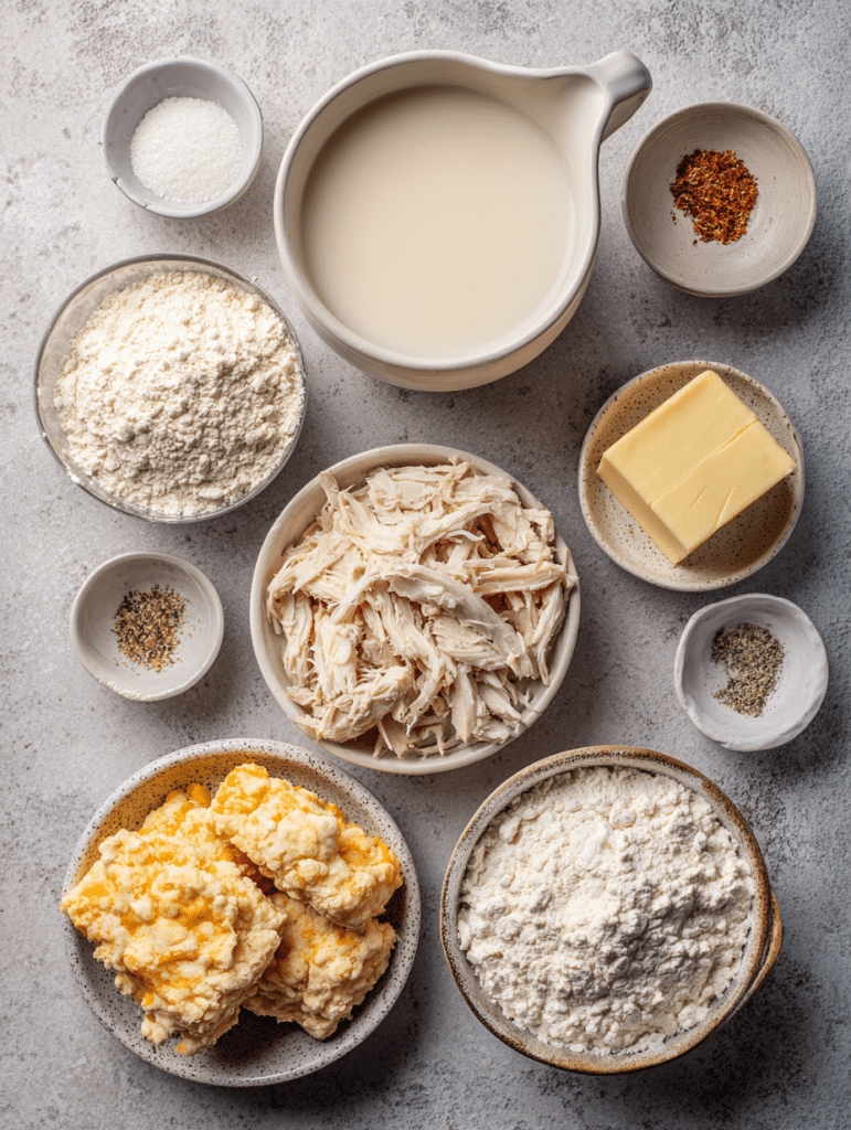 Chicken Cobbler Casserole Ingredients for chicken cobbler casserole on kitchen counter