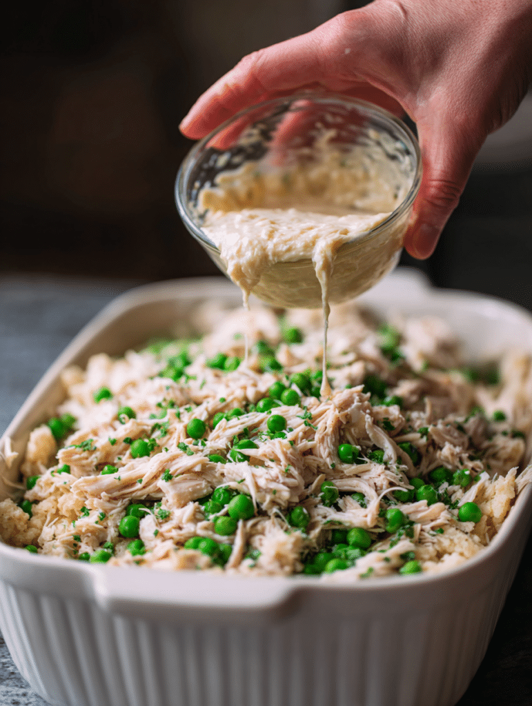 Chicken Cobbler Casserole Pouring biscuit batter over chicken in casserole dish