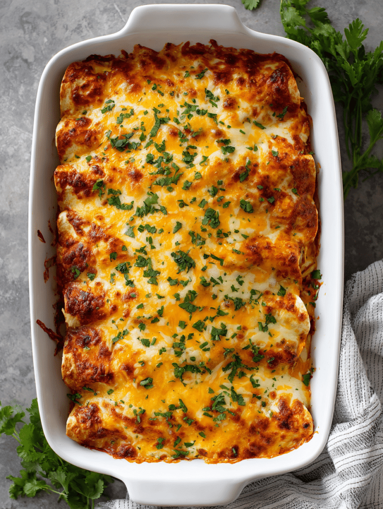 Chicken enchiladas casserole with melted cheese