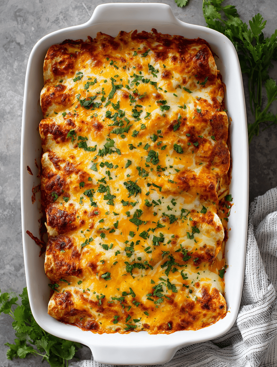 Chicken enchiladas casserole with melted cheese