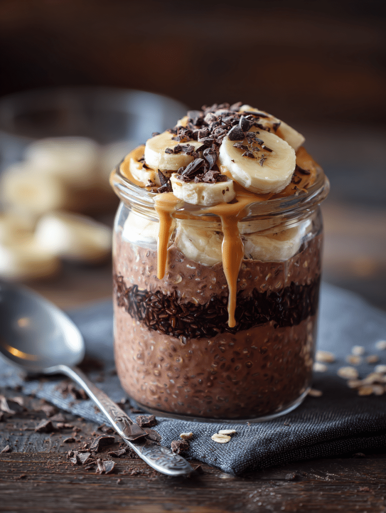 Chocolate overnight oats recipe in mason jar topped with banana and chocolate