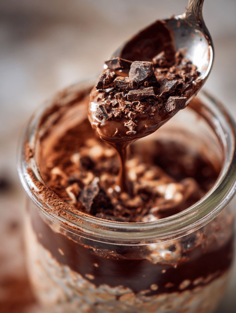 Chocolate overnight oats recipe being stirred before refrigeration