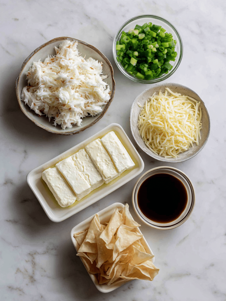 Crab Rangoon Casserole Recipe Ingredients for crab rangoon casserole laid out on counter