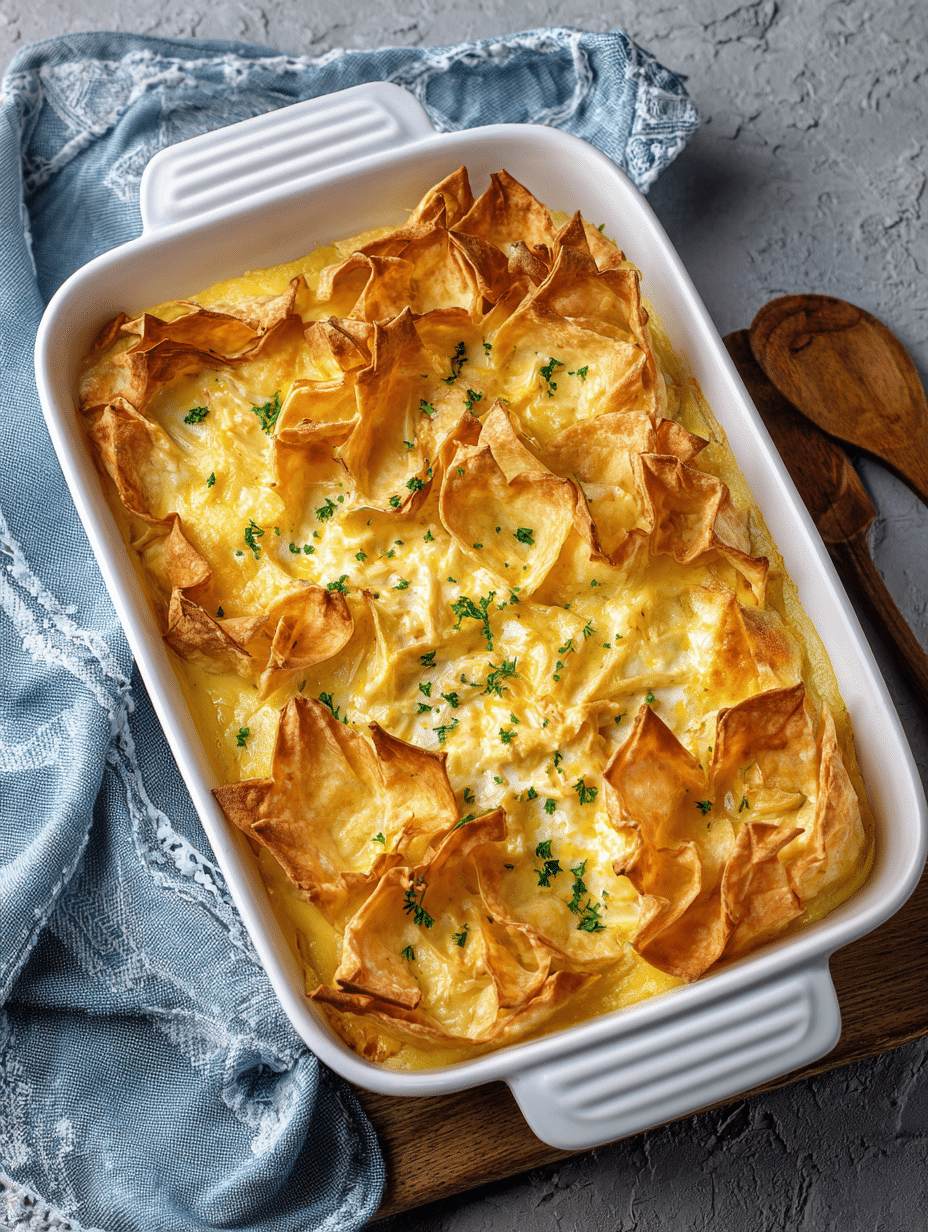 Crab Rangoon Casserole Recipe Crab rangoon casserole with crispy wonton topping in white baking dish