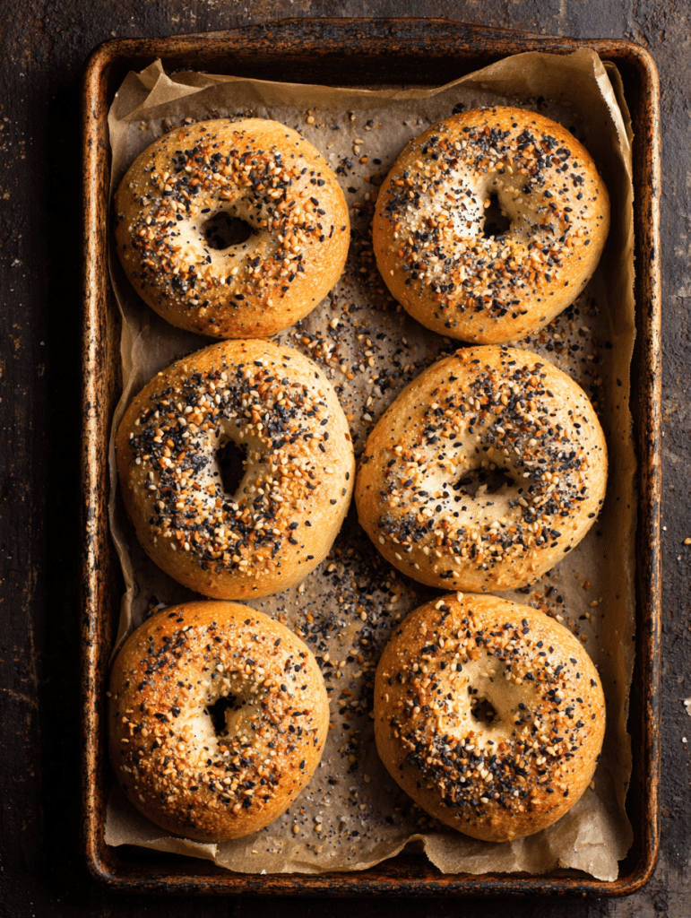 Freshly baked gluten free bagels on a tray with golden crust and toppings