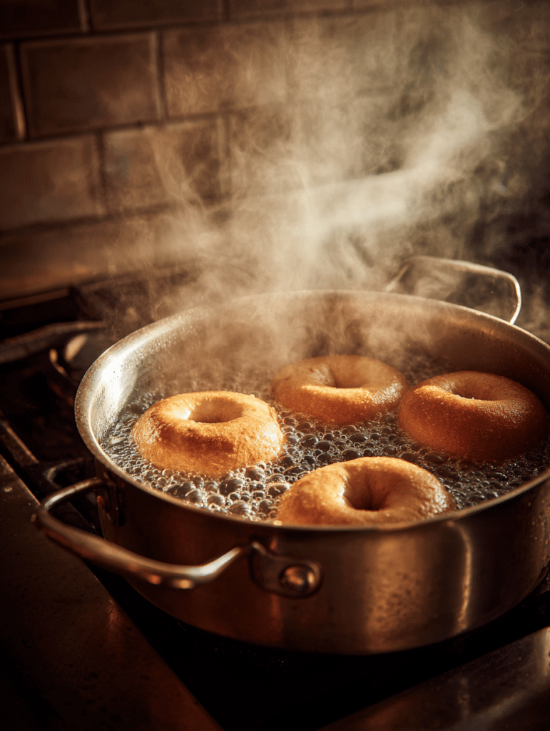 Gluten free bagels boiling in a wide pot of water on the stove