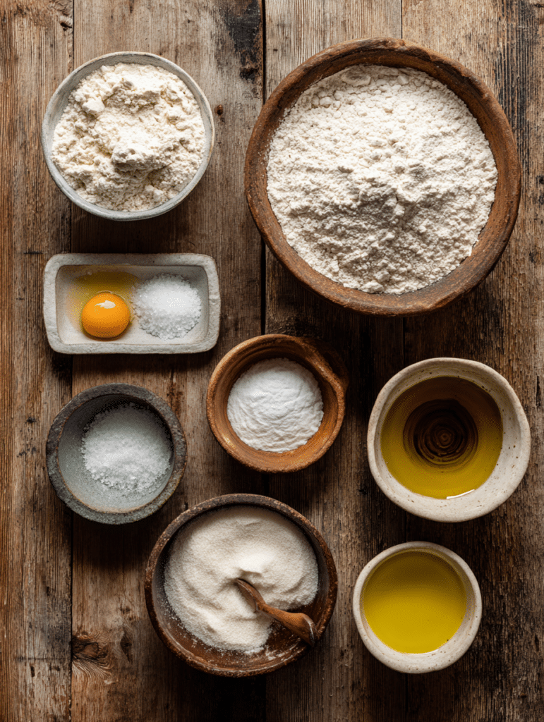 Ingredients for homemade gluten free bagels arranged in small bowls on a wooden table