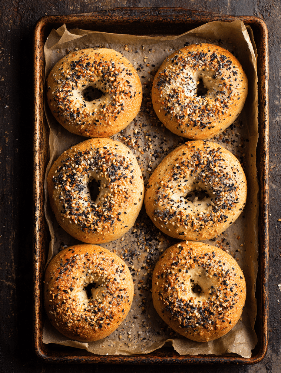 Freshly baked gluten free bagels on a tray with golden crust and toppings