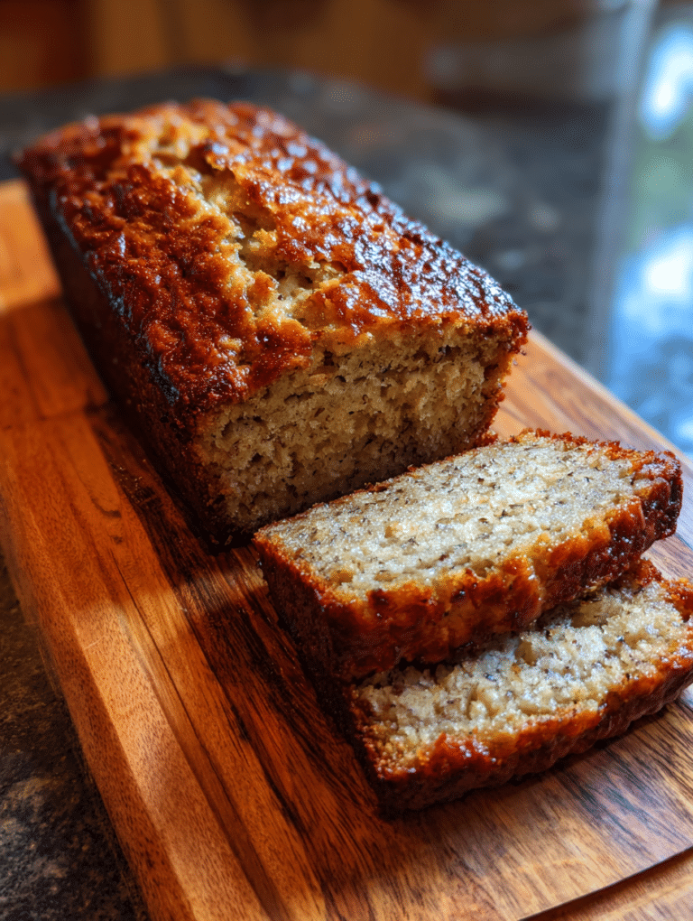Gluten free banana bread recipe sliced on wooden board showing moist texture