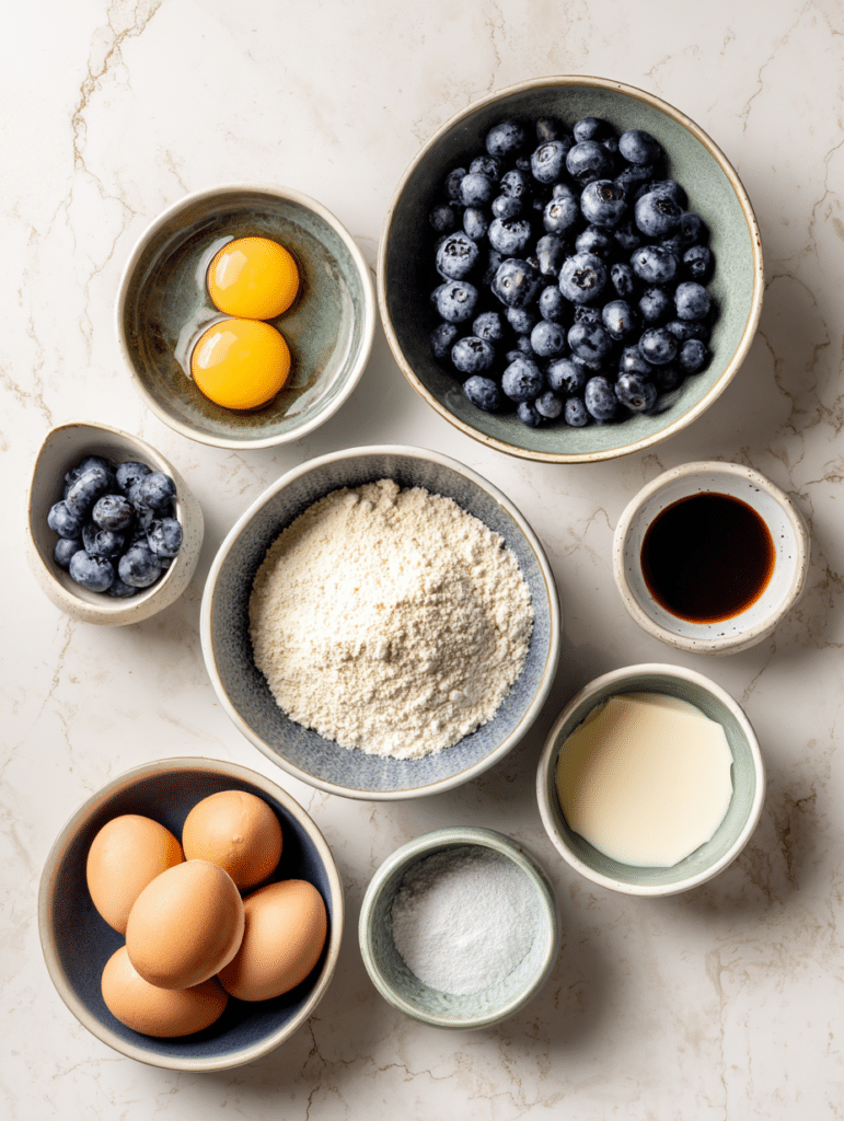 Ingredients for gluten free blueberry muffins on kitchen counter