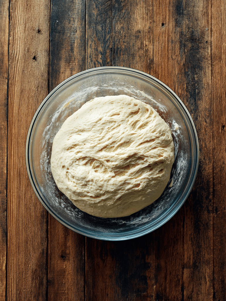 mixing thick gluten free bread recipe dough in glass bowl with wooden spoon
