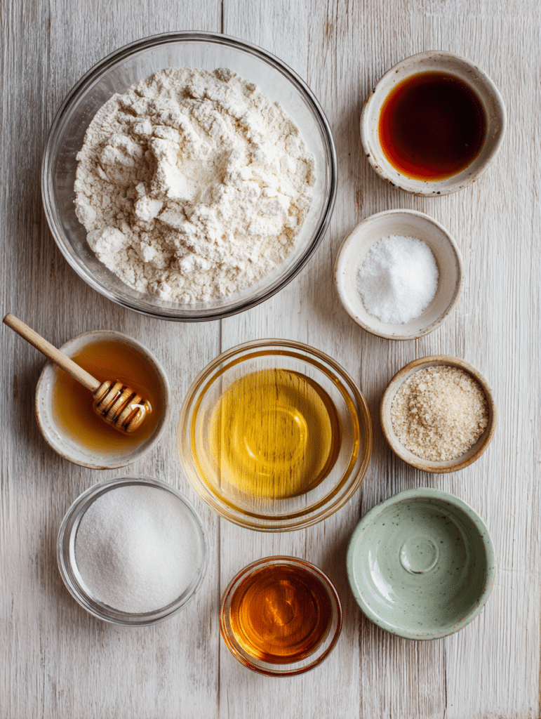 ingredients for gluten free bread recipe laid out in small bowls on wooden table