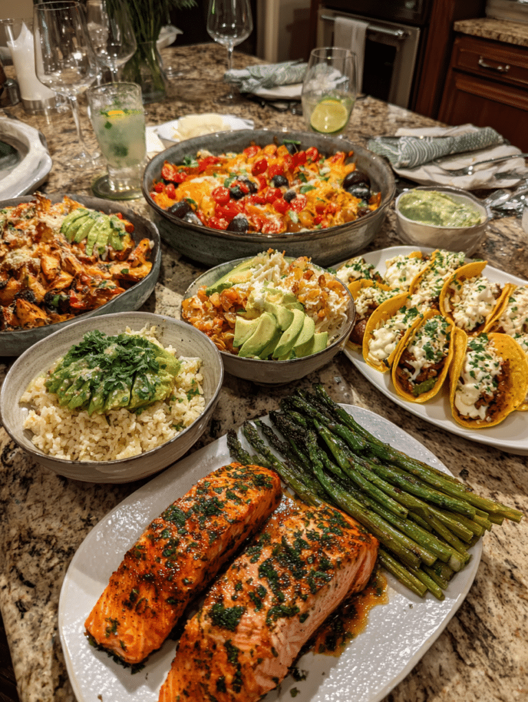 Gluten free dinner ideas with sheet pan chicken, taco bowls, and salmon
