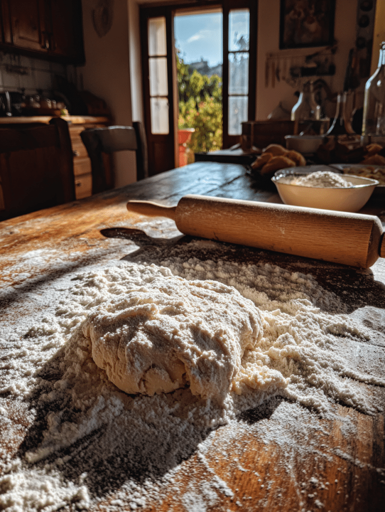 Homemade gluten free pasta dough on rustic wooden table
