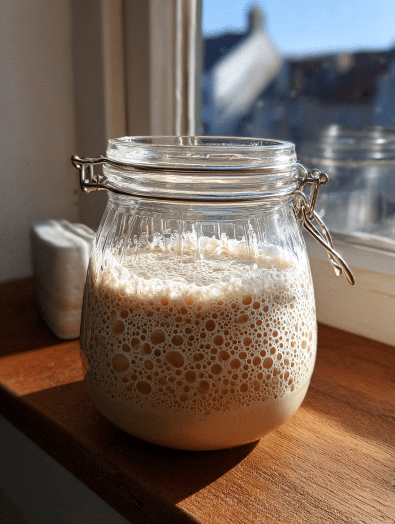 Gluten free sourdough starter in a jar on a wooden counter
