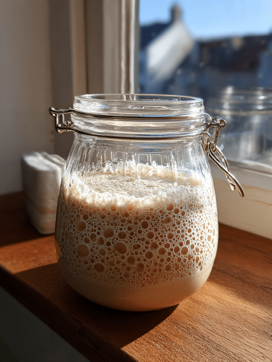 Gluten free sourdough starter in a jar on a wooden counter