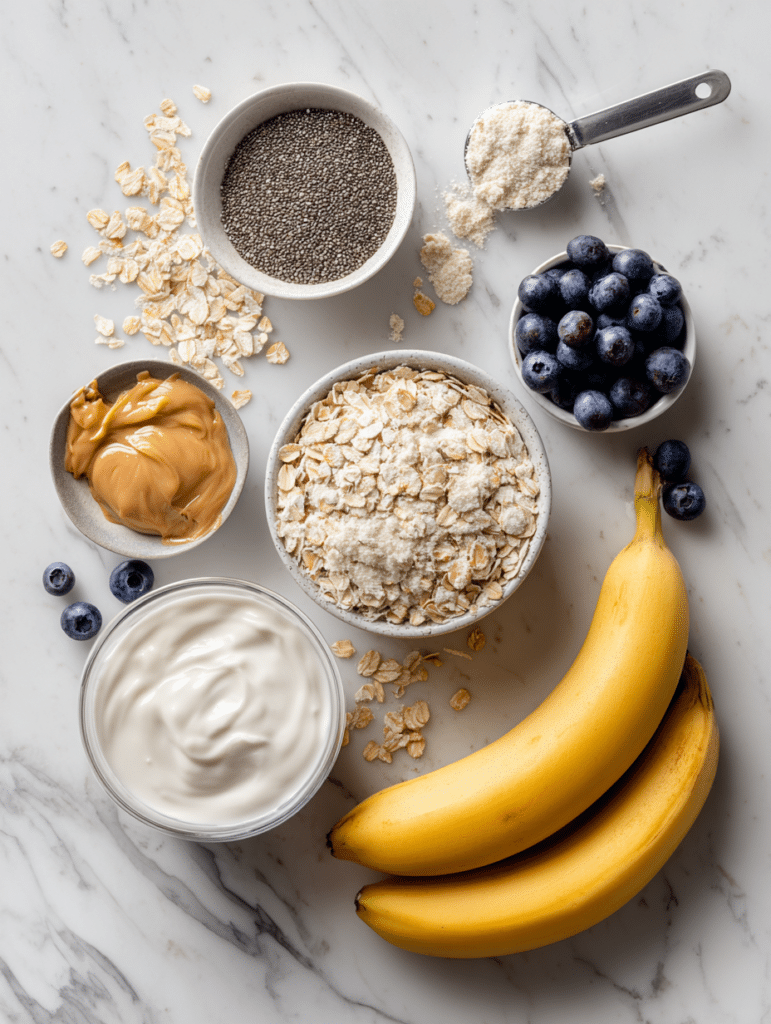 High Protein Overnight Oats High protein overnight oats ingredients including oats, yogurt, chia seeds and protein powder