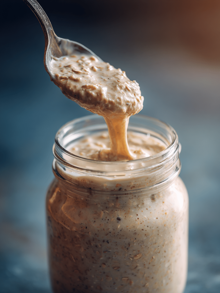 High Protein Overnight Oats High protein overnight oats being mixed with spoon in mason jar