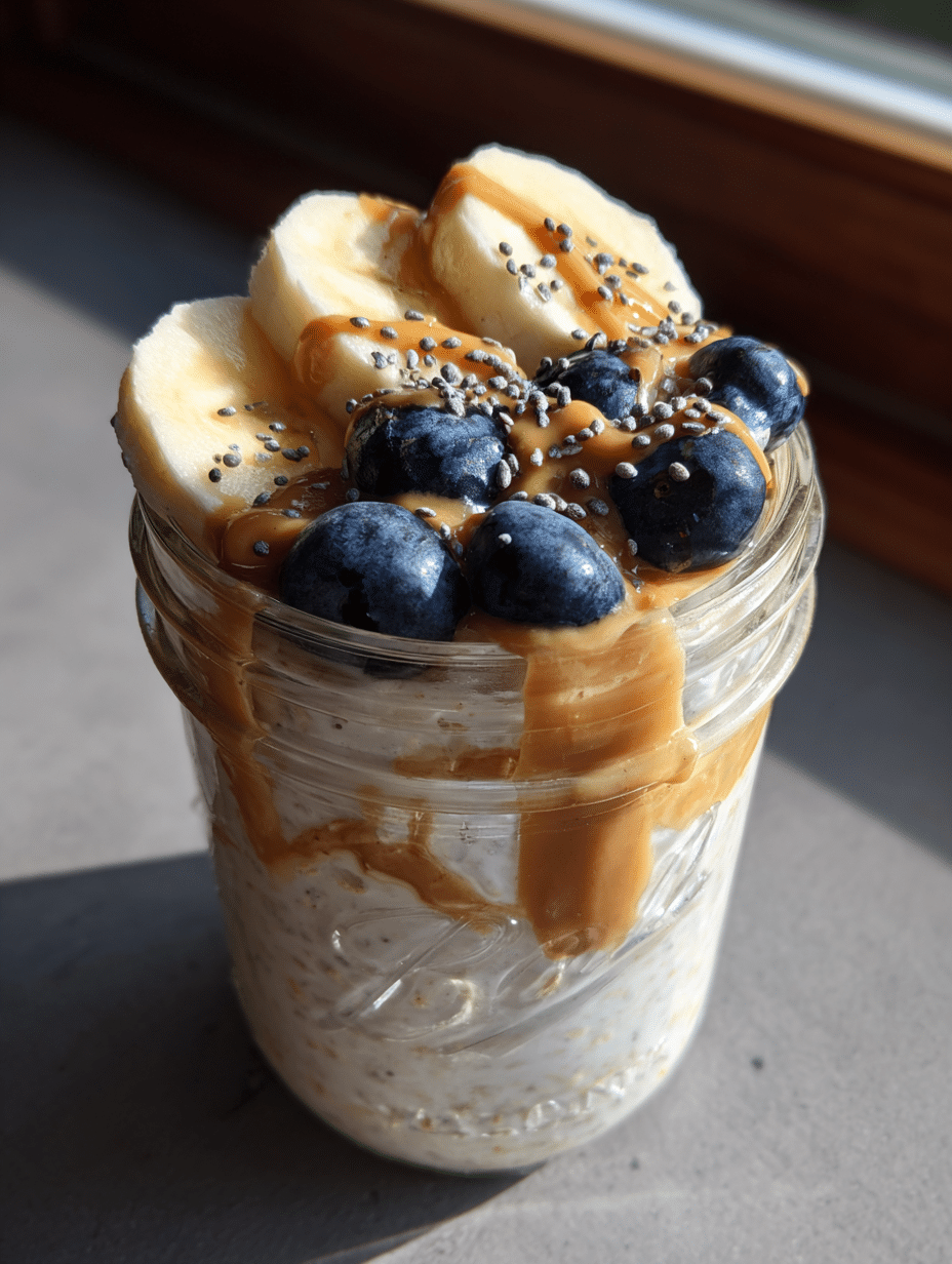 High Protein Overnight Oats High protein overnight oats layered with yogurt, peanut butter, blueberries and banana in glass jar
