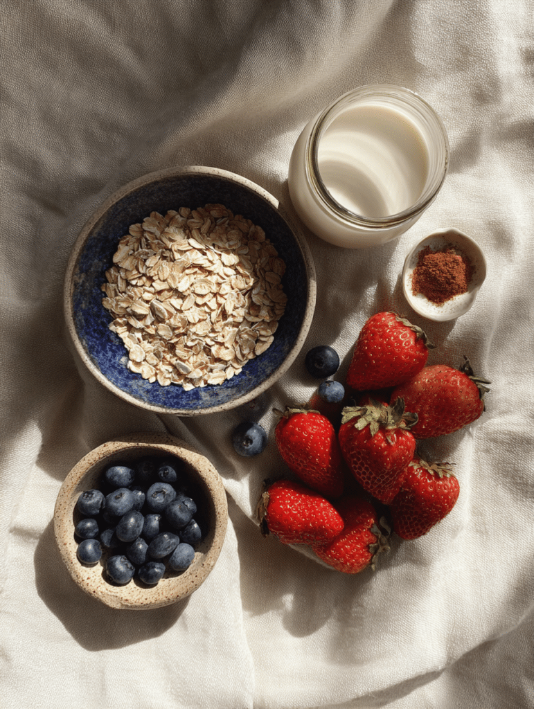 Low Calorie Overnight Oats Low calorie overnight oats ingredients including oats almond milk and berries