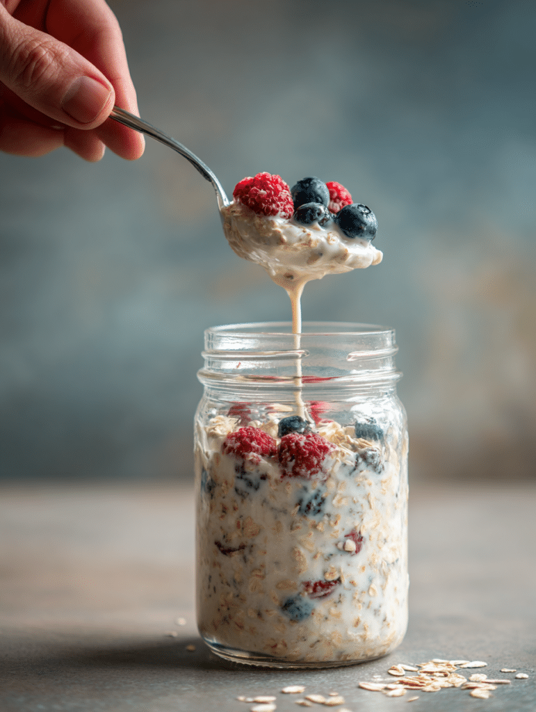 Low Calorie Overnight Oats Low calorie overnight oats being stirred before refrigeration