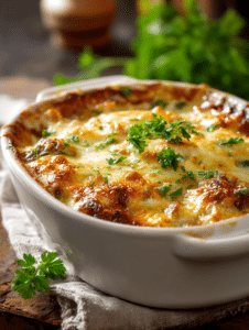meatloaf casserole recipe in white baking dish with golden cheese