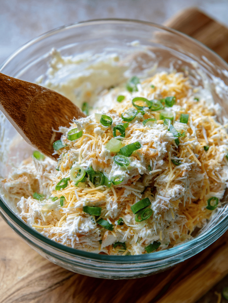 Crab Rangoon Casserole Recipe Mixing creamy crab filling for rangoon casserole in glass bowl