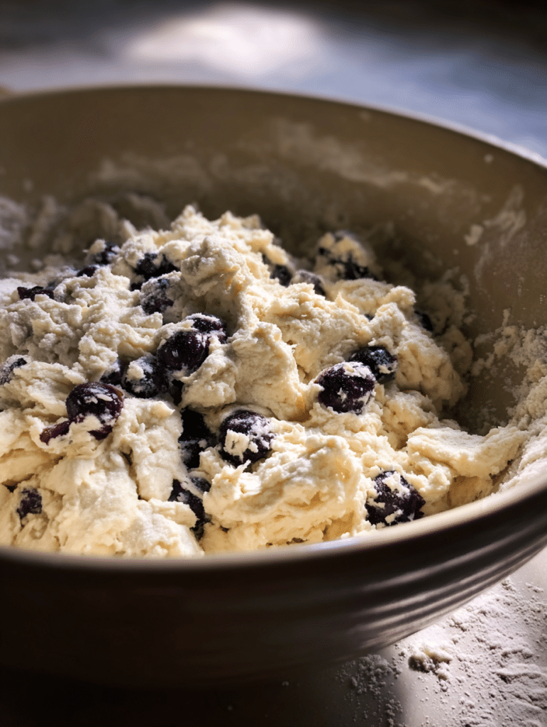 Mixing gluten free blueberry muffin batter in a bowl