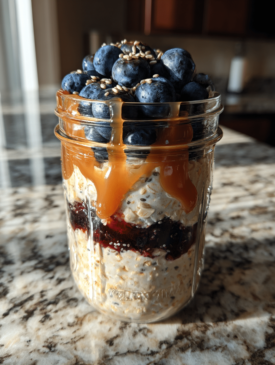 Overnight oats recipe in mason jar with blueberries and chia seeds on rustic wooden table