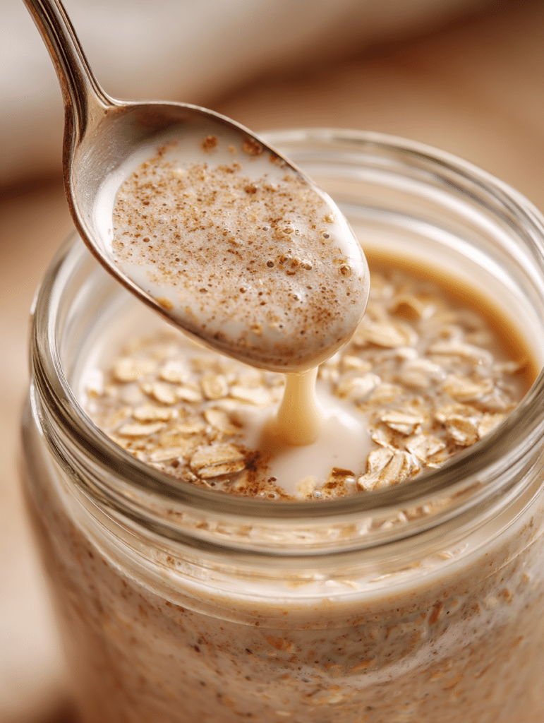 Overnight oats recipe being stirred in glass jar showing creamy texture forming